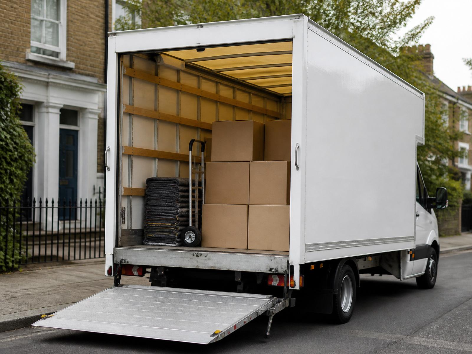 A professional Luton moving van with its tail lift down and boxes loaded during a move in Dublin